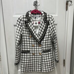 Black and White Windowpane Blazer with Notched Lapels